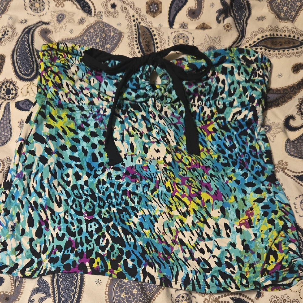 Dana Buchman Blue Teal Multicolor Animal-Print Strapless Crop Top